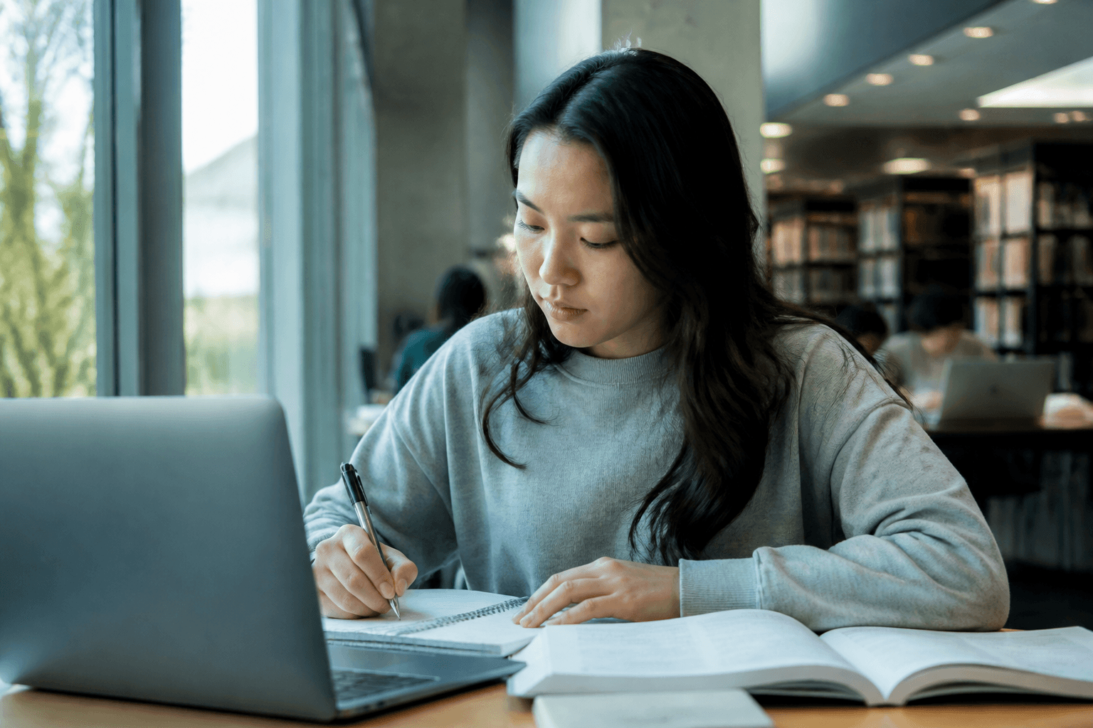 Student working on a laptop in a university library